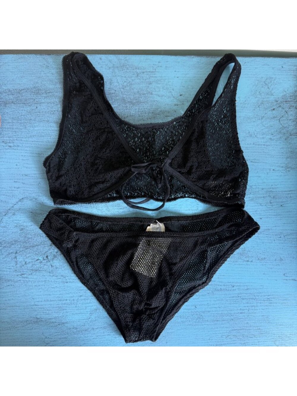 VTG 80s Black Sheer Mesh Set Tie-Back Top & Cheeky Bottoms Made In USA Sz XL